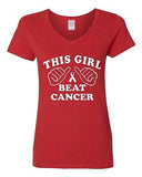 V-Neck Ladies This Girl Beat Cancer Motivate Fight Survivor T-Shirt Tee