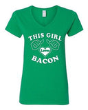 V-Neck Ladies This Girl Loves Bacon Food Breakfast Exercise Funny T-Shirt Tee