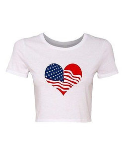 Crop Top Ladies Heart Flag USA Love Country America Patriotic DT T-Shirt Tee