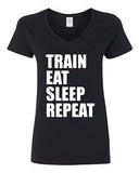 V-Neck Ladies Train Eat Sleep Repeat Workout Exercise Gym Funny T-Shirt Tee