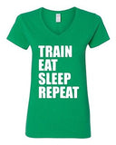 V-Neck Ladies Train Eat Sleep Repeat Workout Exercise Gym Funny T-Shirt Tee