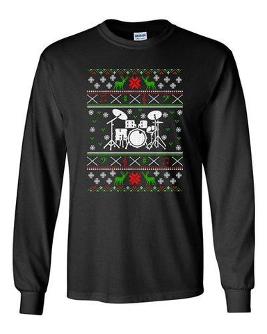 Long Sleeve Adult T-Shirt Drums Drummer Music Reindeer Ugly Christmas Funny DT