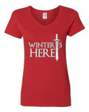 V-Neck Ladies Winter Is Here Sword TV Parody Funny DT T-Shirt Tee