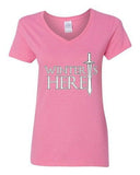 V-Neck Ladies Winter Is Here Sword TV Parody Funny DT T-Shirt Tee