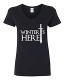 V-Neck Ladies Winter Is Here Sword TV Parody Funny DT T-Shirt Tee