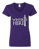 V-Neck Ladies Winter Is Here Sword TV Parody Funny DT T-Shirt Tee