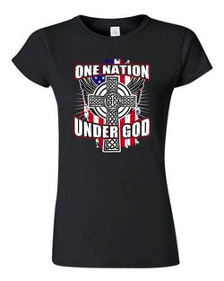 Junior One Nation Under God Cross USA America Flag Patriotic DT T-Shirt Tee
