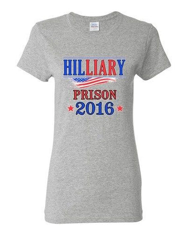 Ladies Hilliary Prison 2016 Hillary Liar Flag President Political DT T-Shirt Tee
