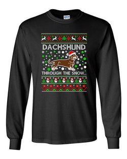 Long Sleeve Adult T-Shirt Dachshund Through The Snow Dog Ugly Christmas Funny DT