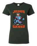 Ladies New Jesus Saves Hockey Puck Jersey Sports Funny DT T-Shirt Tee
