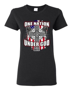 Ladies One Nation Under God Cross Flag USA America Patriotic DT T-Shirt Tee