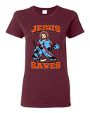 Ladies New Jesus Saves Hockey Puck Jersey Sports Funny DT T-Shirt Tee