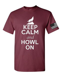 Keep Calm And Howl On with Left Sleeve USA Flag Adult T-Shirt Tee