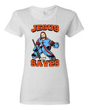 Ladies New Jesus Saves Hockey Puck Jersey Sports Funny DT T-Shirt Tee