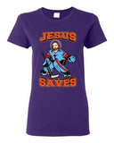Ladies New Jesus Saves Hockey Puck Jersey Sports Funny DT T-Shirt Tee
