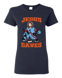 Ladies New Jesus Saves Hockey Puck Jersey Sports Funny DT T-Shirt Tee