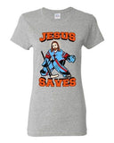 Ladies New Jesus Saves Hockey Puck Jersey Sports Funny DT T-Shirt Tee