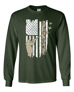 Long Sleeve Adult T-Shirt Hunting Flag Gun Rifle Hunt Duck American Flag USA DT