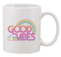 Good Vibes 70's Thumbs Up Rainbow BeanePod Artworks Funny DT White Coffee Mug