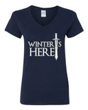 V-Neck Ladies Winter Is Here Sword TV Parody Funny DT T-Shirt Tee