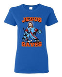 Ladies New Jesus Saves Hockey Puck Jersey Sports Funny DT T-Shirt Tee
