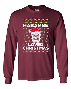 Long Sleeve Adult T-Shirt Harambe Loved Christmas Gorilla Ape Ugly Xmas Funny DT